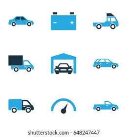 Automobile Colorful Icons Set. Collection Of Station Wagon, Truck, Speedometer And Other Elements. Also Includes Symbols Such As Hatchback, Lorry, Repairing.