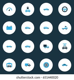 Automobile Colorful Icons Set. Collection Of Speedometer, Garage, Sedan And Other Elements. Also Includes Symbols Such As Steering, Tire, Wash.