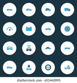 Automobile Colorful Icons Set. Collection Of Lorry, Cabriolet, Sports Automobile And Other Elements. Also Includes Symbols Such As Battery, Sports, Wagon.