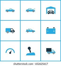 Automobile Colorful Icons Set. Collection Of Battery, Van, Pickup And Other Elements. Also Includes Symbols Such As Accumulator, Fixing, Carriage.