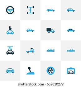 Automobile Colorful Icons Set. Collection Of Gear Lever, Car, Truck And Other Elements. Also Includes Symbols Such As Water, Wash, Car.
