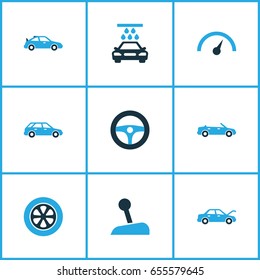 Automobile Colorful Icons Set. Collection Of Tie, Speedometer, Steering Wheel And Other Elements. Also Includes Symbols Such As Chronometer, Convertible, Control.