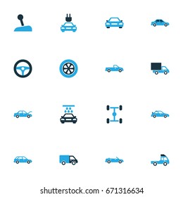 Automobile Colorful Icons Set. Collection Of Chassis, Truck, Sedan And Other Elements. Also Includes Symbols Such As Stick, Wheel, Truck.