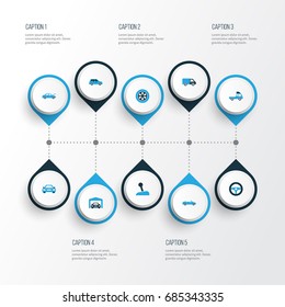 Automobile Colorful Icons Set. Collection Of Crossover, Garage, Auto Hood And Other Elements. Also Includes Symbols Such As Lorry, Automobile, Car.
