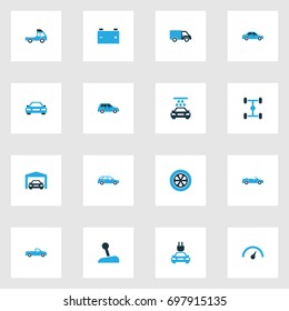 Automobile Colorful Icons Set. Collection Of Lorry, Station Wagon, Speedometer And Other Elements. Also Includes Symbols Such As Chassis, Wagon, Repairing.
