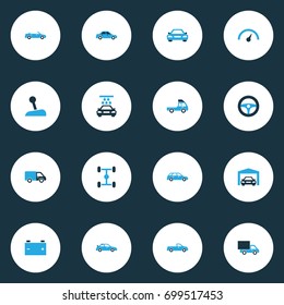 Automobile Colorful Icons Set. Collection Of Van, Lorry, Chassis And Other Elements. Also Includes Symbols Such As Carriage, Pickup, Speedometer.