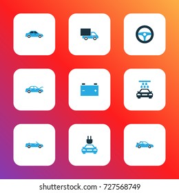 Automobile Colorful Icons Set. Collection Of Battery, Auto Hood, Cabriolet And Other Elements. Also Includes Symbols Such As Lorry, Plug, Sports.