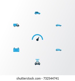 Automobile Colorful Icons Set. Collection Of Battery, Speedometer, Vehicle Wash And Other Elements. Also Includes Symbols Such As Lorry, Chronometer, Speed.