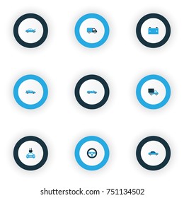 Automobile Colorful Icons Set. Collection Of Lorry, Sedan, Sports Automobile And Other Elements. Also Includes Symbols Such As Wheel, Accumulator, Crossover.