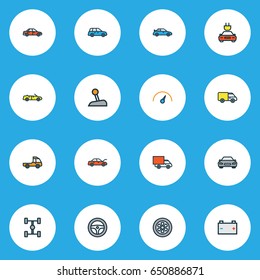 Automobile Colorful Outline Icons Set. Collection Of Van, Pickup, Level And Other Elements. Also Includes Symbols Such As Bonnet, Steering, Speed.