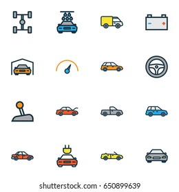 Automobile Colorful Outline Icons Set. Collection Of Sedan, Bonnet, Electric And Other Elements. Also Includes Symbols Such As Cabriolet, Automatic, Battery.