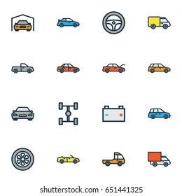 Automobile Colorful Outline Icons Set. Collection Of Automobile, Drive, Cabriolet And Other Elements. Also Includes Symbols Such As Automobile, Van, Mover.