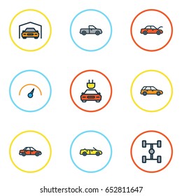 Automobile Colorful Outline Icons Set. Collection Of Machine, Auto, Electric And Other Elements. Also Includes Symbols Such As Electric, Shed, Sedan.