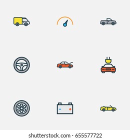 Automobile Colorful Outline Icons Set. Collection Of Speed, Bonnet, Auto And Other Elements. Also Includes Symbols Such As Speedometer, Speed, Sport.