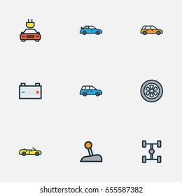 Automobile Colorful Outline Icons Set. Collection Of Accumulator, Machine, Drive And Other Elements. Also Includes Symbols Such As Carcass, Accumulator, Sport.