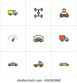 Automobile Colorful Outline Icons Set. Collection Of Van, Auto, Speed And Other Elements. Also Includes Symbols Such As Sport, Carcass, Auto.