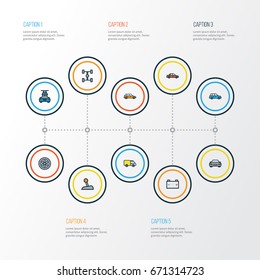 Automobile Colorful Outline Icons Set. Collection Of Level, Automobile, Track And Other Elements. Also Includes Symbols Such As Sedan, Bus, Automobile.