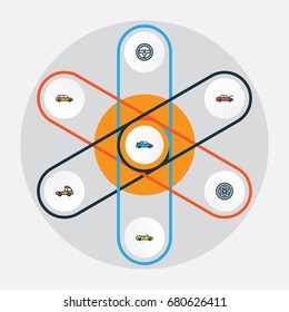 Automobile Colorful Outline Icons Set. Collection Of Pickup, Rudder, Cabriolet And Other Elements. Also Includes Symbols Such As Auto, Mover, Station.