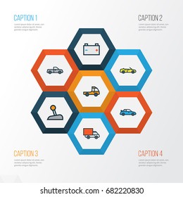 Automobile Colorful Outline Icons Set. Collection Of Sport, Pickup, Level And Other Elements. Also Includes Symbols Such As Van, Accumulator, Battery. Automobile Colorful Outline Icons Set. Collection Of Sport, Pickup, Level And Other Elements. Also Includes Symbols Such As Van, Accumulator, Battery.