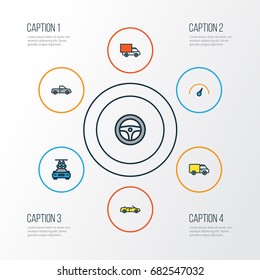 Automobile Colorful Outline Icons Set. Collection Of Speed, Track, Auto And Other Elements. Also Includes Symbols Such As Pickup, Cabriolet, Steering.