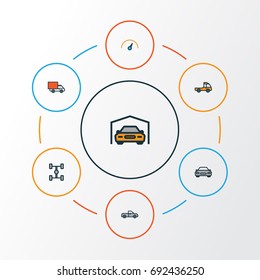 Automobile Colorful Outline Icons Set. Collection Of Speed, Automobile, Shed And Other Elements. Also Includes Symbols Such As Car, Carcass, Counter.