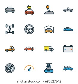 Automobile Colorful Outline Icons Set. Collection Of Accumulator, Cabriolet, Sedan And Other Elements. Also Includes Symbols Such As Gear, Bonnet, Automobile.