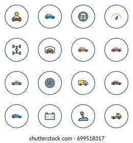 Automobile Colorful Outline Icons Set. Collection Of Car, Level, Truck And Other Elements. Also Includes Symbols Such As Sedan, Station, Scheme.
