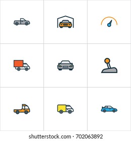 Automobile Colorful Outline Icons Set. Collection Of Speed, Cabriolet, Truck And Other Elements. Also Includes Symbols Such As Shed, Automobile, Suv.