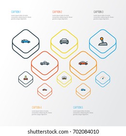 Automobile Colorful Outline Icons Set. Collection Of Auto, Automobile, Cabriolet And Other Elements. Also Includes Symbols Such As Pickup, Hood, Tesla.