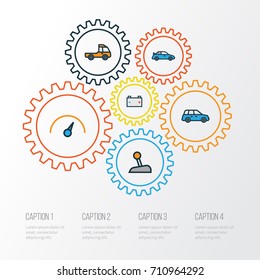 Automobile Colorful Outline Icons Set. Collection Of Cabriolet, Sedan, Pickup And Other Elements. Also Includes Symbols Such As Prime, Car, Level.