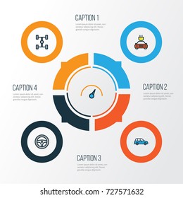 Automobile Colorful Outline Icons Set. Collection Of Sedan, Rudder, Carcass And Other Elements. Also Includes Symbols Such As Speedometer, Drive, Carcass.