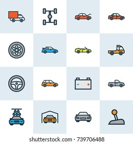 Automobile Colorful Outline Icons Set. Collection Of Cabriolet, Carcass, Shed And Other Elements. Also Includes Symbols Such As Van, Bonnet, Suv.
