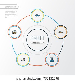 Automobile Colorful Outline Icons Set. Collection Of Machine, Pickup, Sedan And Other Elements. Also Includes Symbols Such As Car, Washing, Shed.