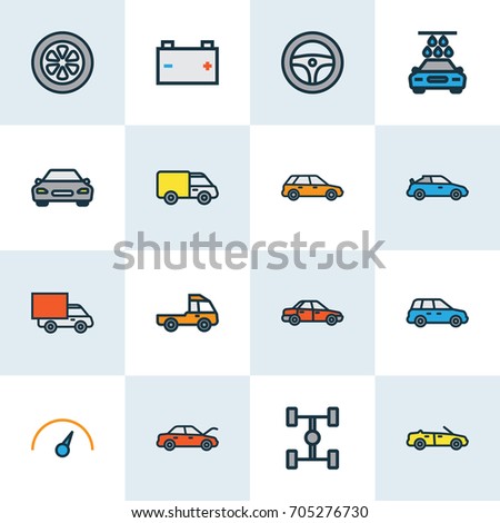 Automobile Colorful Outline Icons Set. Collection Of Pickup, Speed, Truck And Other Elements. Also Includes Symbols Such As Steering, Wheelbase, Accumulator.