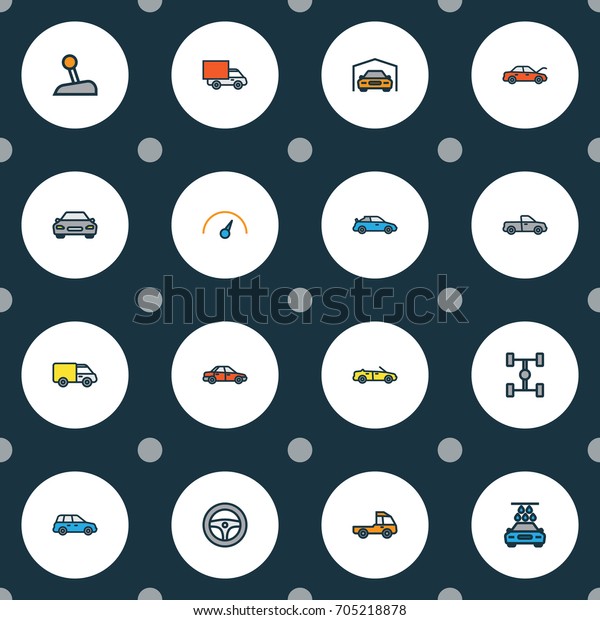 Automobile Colorful Outline Icons Set.
Collection Of Truck, Carcass, Rudder And Other Elements. Also
Includes Symbols Such As Steering, Washing,
Carcass.