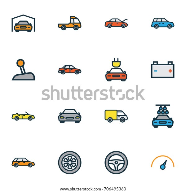 Automobile Colorful Outline Icons Set. Collection\
Of Shed, Rudder, Automobile And Other Elements. Also Includes\
Symbols Such As Bonnet, Van,\
Hood.