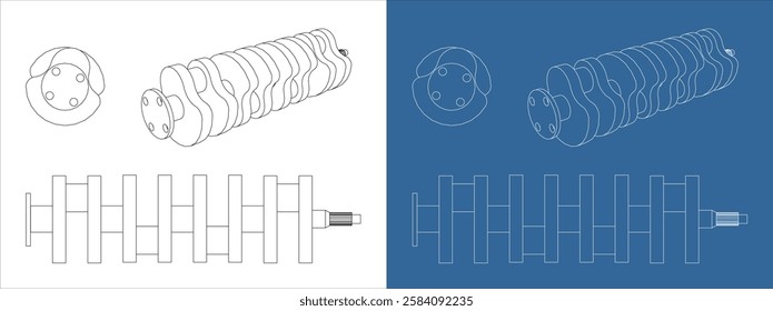 Automobile Crankshaft Blueprint Vector with Engineering Technical Illustration