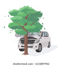 Automobile damaged by colliding with tree. Run-off-road collision. Traffic or motor vehicle accident or car crash isolated on white background. Colorful vector illustration in flat cartoon style.