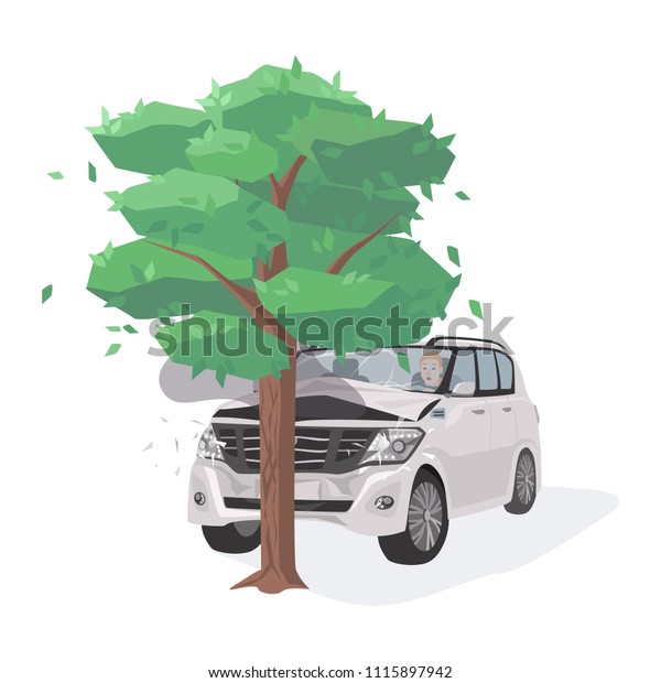 Automobile damaged by colliding with tree.\
Run-off-road collision. Traffic or motor vehicle accident or car\
crash isolated on white background. Colorful vector illustration in\
flat cartoon style.
