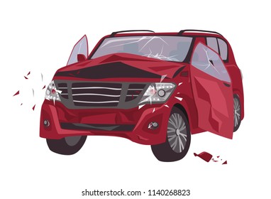 Automobile damaged by collision isolated on white background. Wrecked or crashed auto. Result of traffic or motor vehicle accident or car crash. Colorful vector illustration in flat cartoon style