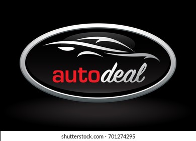 Automobile dealer concept logo icon design with sports car vehicle silhouette badge on black background. Vector illustration.