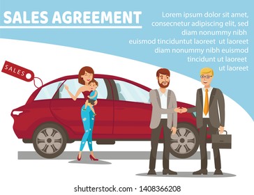 Automobile Dealership Flat Banner Vector Template. Salesman and Young Family Cartoon Characters. Transport Showroom, Auto Rental Service Advertising. Car Sale Agreement Illustration with Text Space
