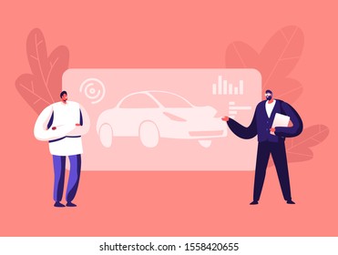 Automobile Development and Creation Projection. Couple of Engineers or Designers Presenting Project of New Automobile on Screen, Auto Technology, Machinery Business. Cartoon Flat Vector Illustration