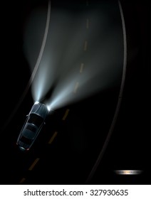 Automobile Driving On A Dark Night Road. High Quality Vector Illustration.  