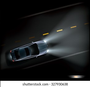 Automobile Driving On A Dark Night Road. High Quality Vector Illustration.  