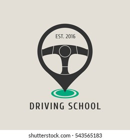 Automobile driving school vector logo, emblem. Steering wheel design element