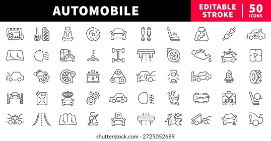 Conjunto automático de ícones de linha editável. Símbolos relacionados a carro e veículo