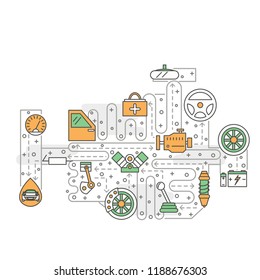 Automobile engine shape poster banner template. Car spare parts vector thin line art flat style design elements, icons for web banners and printed materials.