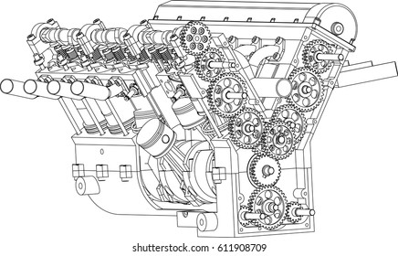 Automobile engines isometrics. Vector line illustration.Concept vector illustration of advanced technology development, inheritance of skilled techniques and space development.