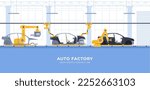 Automobile factory. Robotic intelligent conveyor for the production of cars. Vector illustration